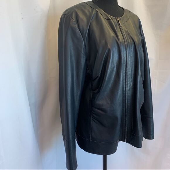 LAFAYETTE 148 Black ruched Front zipper soft lambskin leather jacket Sz 14 - Picture 2 of 12